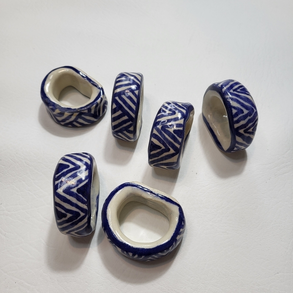 Blue and White Ceramic Napkin Rings Set Of 6 - Picture 2 of 4